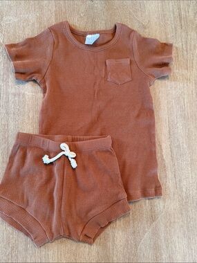 Kids Ribbed Short Sleeve Top & Shorts Set - Rust